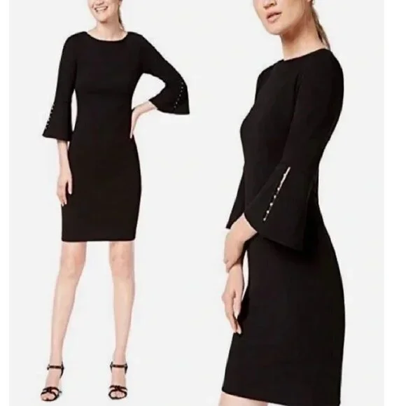Calvin Klein Black Bell Sleeve Pearl Detail Midi Dress Size 8 - Picture 1 of 5